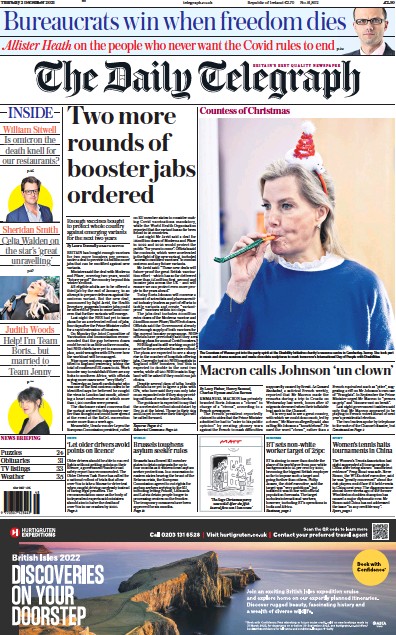 The Daily Telegraph Newspaper Front Page (UK) for 2 December 2021
