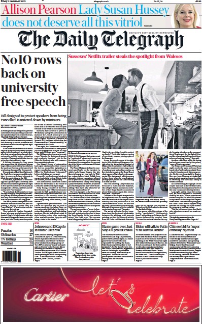 The Daily Telegraph Newspaper Front Page (UK) for 2 December 2022