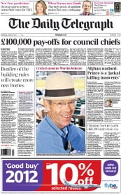 The Daily Telegraph Newspaper Front Page (UK) for 2 January 2013