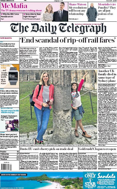 The Daily Telegraph Newspaper Front Page (UK) for 2 January 2018