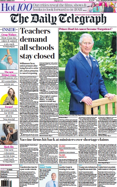 The Daily Telegraph Newspaper Front Page (UK) for 2 January 2021