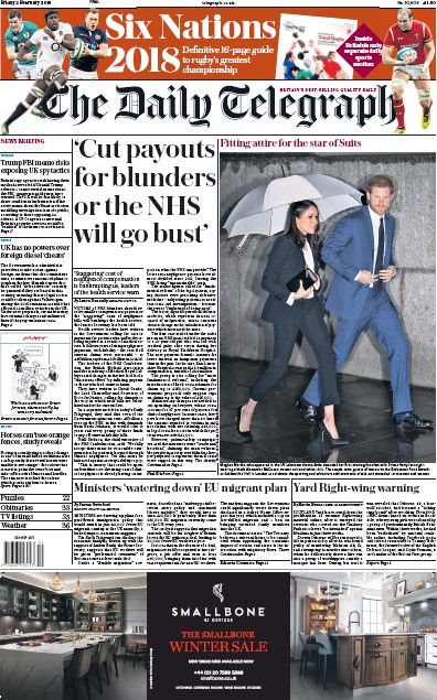 The Daily Telegraph Newspaper Front Page (UK) for 2 February 2018