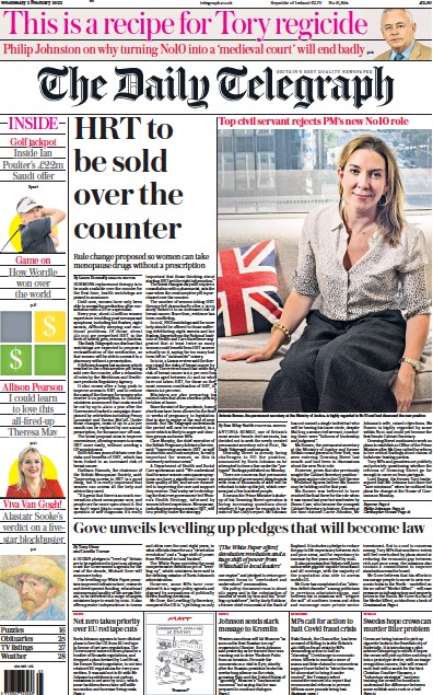The Daily Telegraph Newspaper Front Page (UK) for 2 February 2022