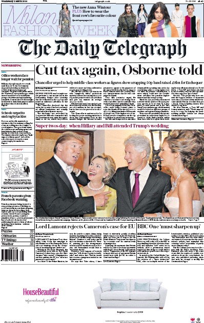 The Daily Telegraph Newspaper Front Page (UK) for 2 March 2016