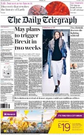 The Daily Telegraph (UK) Newspaper Front Page for 2 March 2017