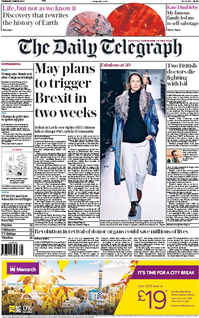The Daily Telegraph Newspaper Front Page (UK) for 2 March 2017