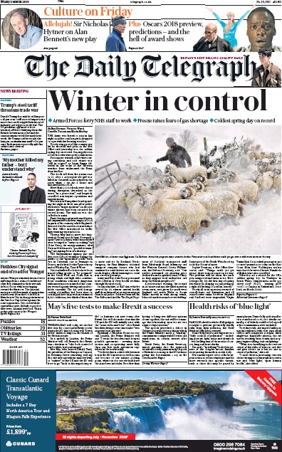 The Daily Telegraph Newspaper Front Page (UK) for 2 March 2018