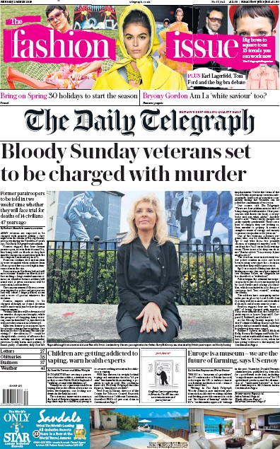 The Daily Telegraph Newspaper Front Page (UK) for 2 March 2019