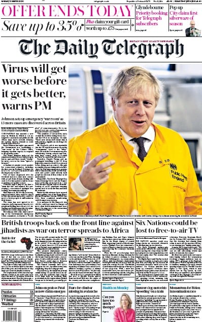 The Daily Telegraph Newspaper Front Page (UK) for 2 March 2020