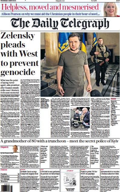The Daily Telegraph Newspaper Front Page (UK) for 2 March 2022