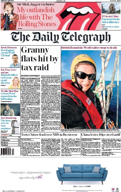 The Daily Telegraph Newspaper Front Page (UK) for 2 April 2016