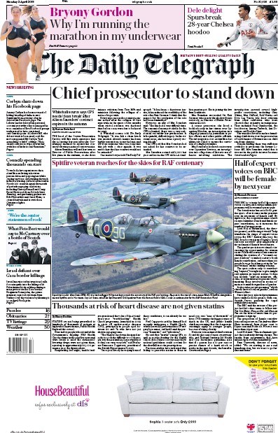The Daily Telegraph Newspaper Front Page (UK) for 2 April 2018