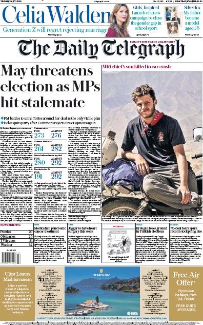 The Daily Telegraph Newspaper Front Page (UK) for 2 April 2019