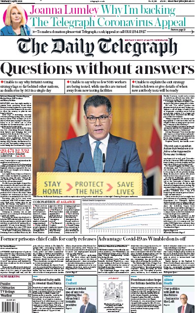 The Daily Telegraph Newspaper Front Page (UK) for 2 April 2020