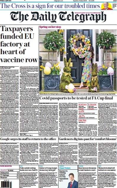 The Daily Telegraph Newspaper Front Page (UK) for 2 April 2021
