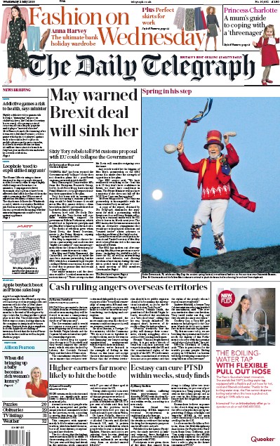 The Daily Telegraph Newspaper Front Page (UK) for 2 May 2018