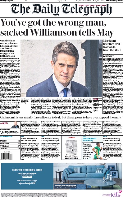 The Daily Telegraph Newspaper Front Page (UK) for 2 May 2019