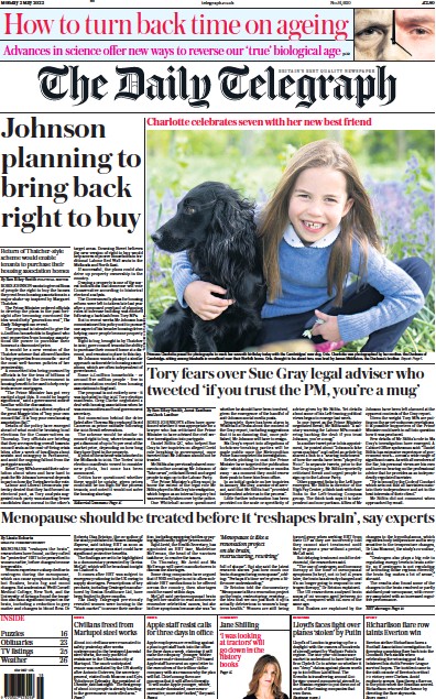 The Daily Telegraph Newspaper Front Page (UK) for 2 May 2022