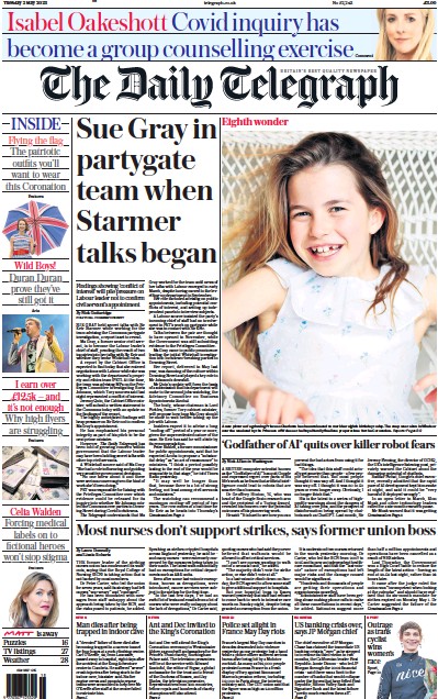 The Daily Telegraph Newspaper Front Page (UK) for 2 May 2023