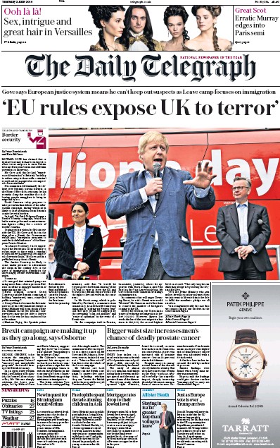 The Daily Telegraph Newspaper Front Page (UK) for 2 June 2016