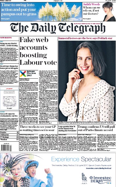 The Daily Telegraph Newspaper Front Page (UK) for 2 June 2017