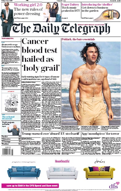 The Daily Telegraph Newspaper Front Page (UK) for 2 June 2018