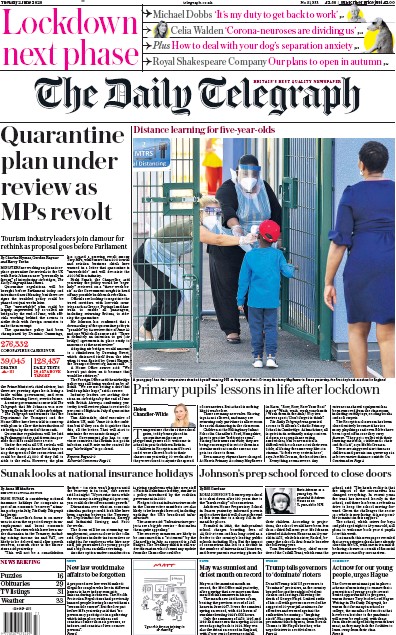 The Daily Telegraph Newspaper Front Page (UK) for 2 June 2020