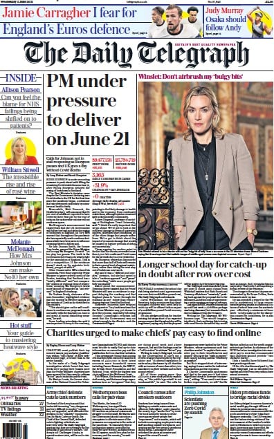 The Daily Telegraph Newspaper Front Page (UK) for 2 June 2021