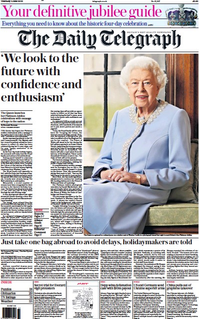 The Daily Telegraph Newspaper Front Page (UK) for 2 June 2022