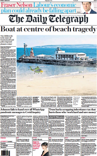 The Daily Telegraph Newspaper Front Page (UK) for 2 June 2023