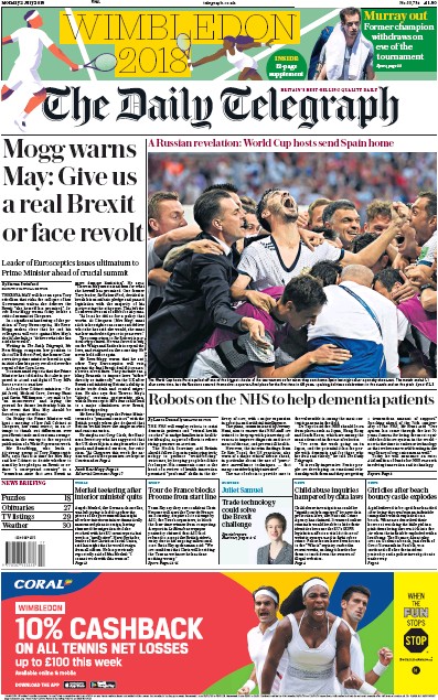 The Daily Telegraph Newspaper Front Page (UK) for 2 July 2018