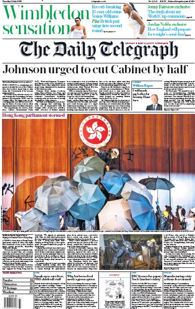 The Daily Telegraph Newspaper Front Page (UK) for 2 July 2019