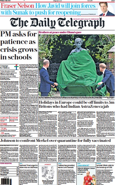 The Daily Telegraph Newspaper Front Page (UK) for 2 July 2021