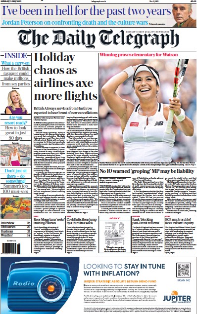 The Daily Telegraph Newspaper Front Page (UK) for 2 July 2022