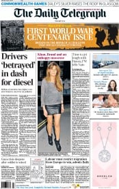 The Daily Telegraph (UK) Newspaper Front Page for 2 August 2014