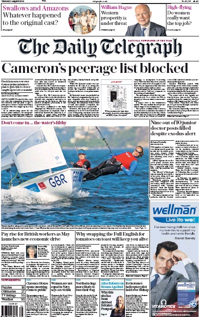 The Daily Telegraph Newspaper Front Page (UK) for 2 August 2016