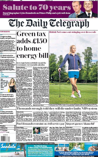 The Daily Telegraph Newspaper Front Page (UK) for 2 August 2017