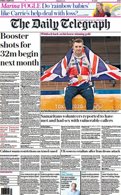 The Daily Telegraph Newspaper Front Page (UK) for 2 August 2021