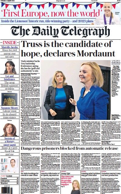 The Daily Telegraph Newspaper Front Page (UK) for 2 August 2022