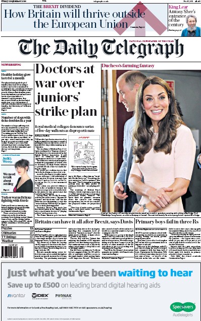 The Daily Telegraph Newspaper Front Page (UK) for 2 September 2016