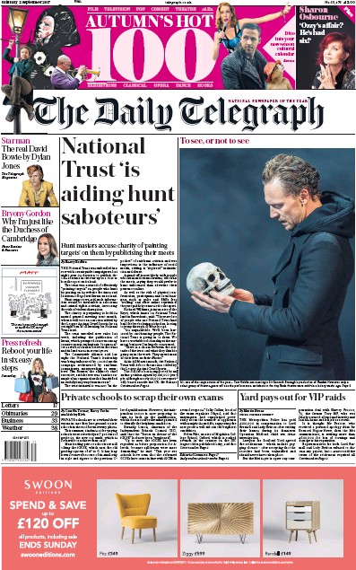 The Daily Telegraph Newspaper Front Page (UK) for 2 September 2017