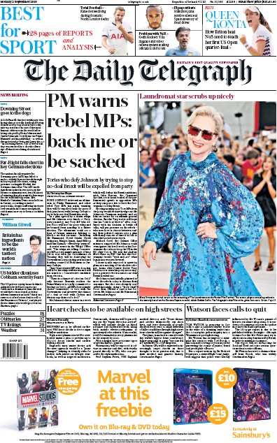 The Daily Telegraph Newspaper Front Page (UK) for 2 September 2019