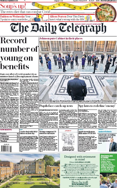 The Daily Telegraph Newspaper Front Page (UK) for 2 September 2020