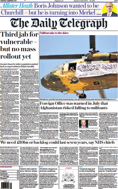 The Daily Telegraph Newspaper Front Page (UK) for 2 September 2021