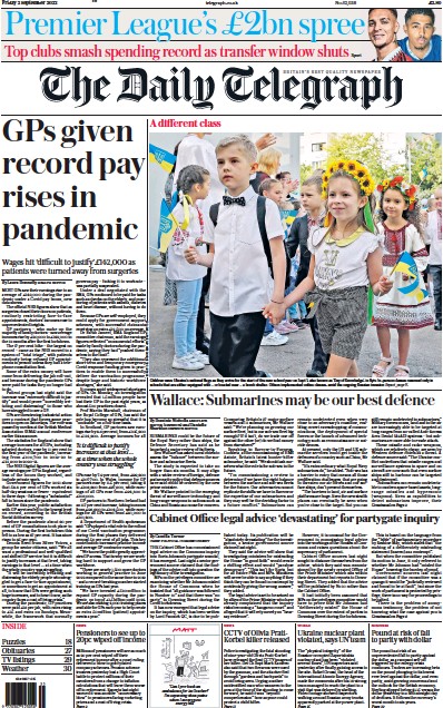 The Daily Telegraph Newspaper Front Page (UK) for 2 September 2022