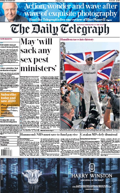 The Daily Telegraph Newspaper Front Page (UK) for 30 October 2017