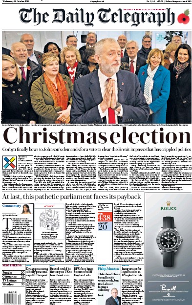 The Daily Telegraph Newspaper Front Page (UK) for 30 October 2019