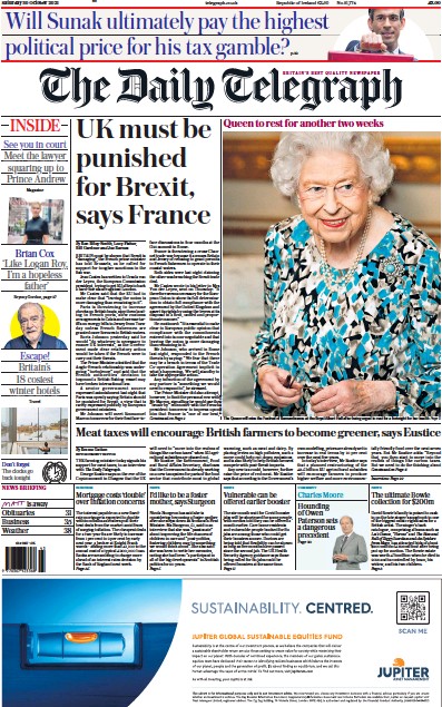 The Daily Telegraph Newspaper Front Page (UK) for 30 October 2021