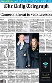 The Daily Telegraph Newspaper Front Page (UK) for 30 November 2012