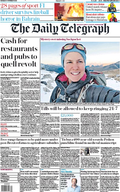 The Daily Telegraph Newspaper Front Page (UK) for 30 November 2020